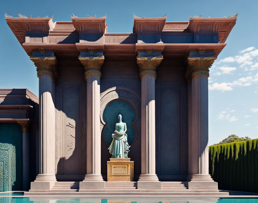 Corinthian Columns and Statue in Circular Niche under Blue Sky