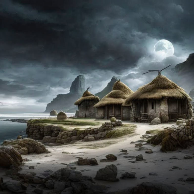 Thatched huts on desolate beach under full moon.