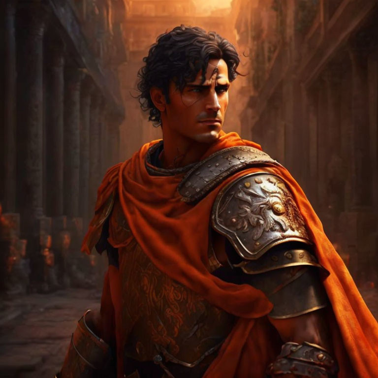 Digital Artwork: Determined Male Character in Orange Clothing and Metal Armor against Ancient Ruin Background