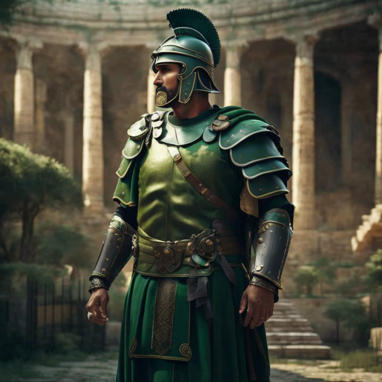 Digital artwork: Roman soldier in full armor in ancient Colosseum setting