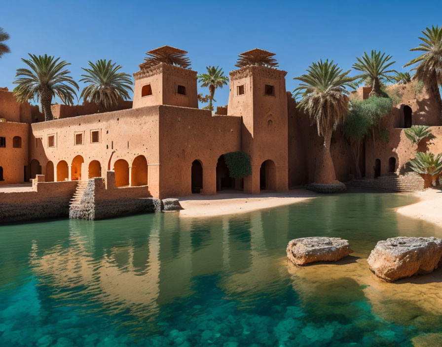 Traditional orange buildings, palm trees, and green water under blue sky.