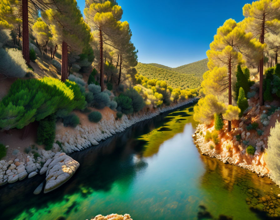 Tranquil River in Vibrant Forest with Sunlit Trees