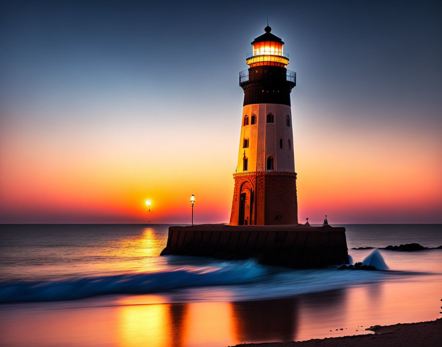 Lighthouse on jetty at vibrant sunset with waves and orange-blue sky