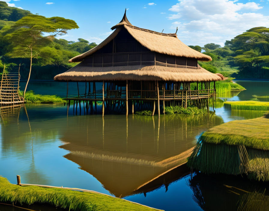 Thatched Hut on Stilts by Tranquil River