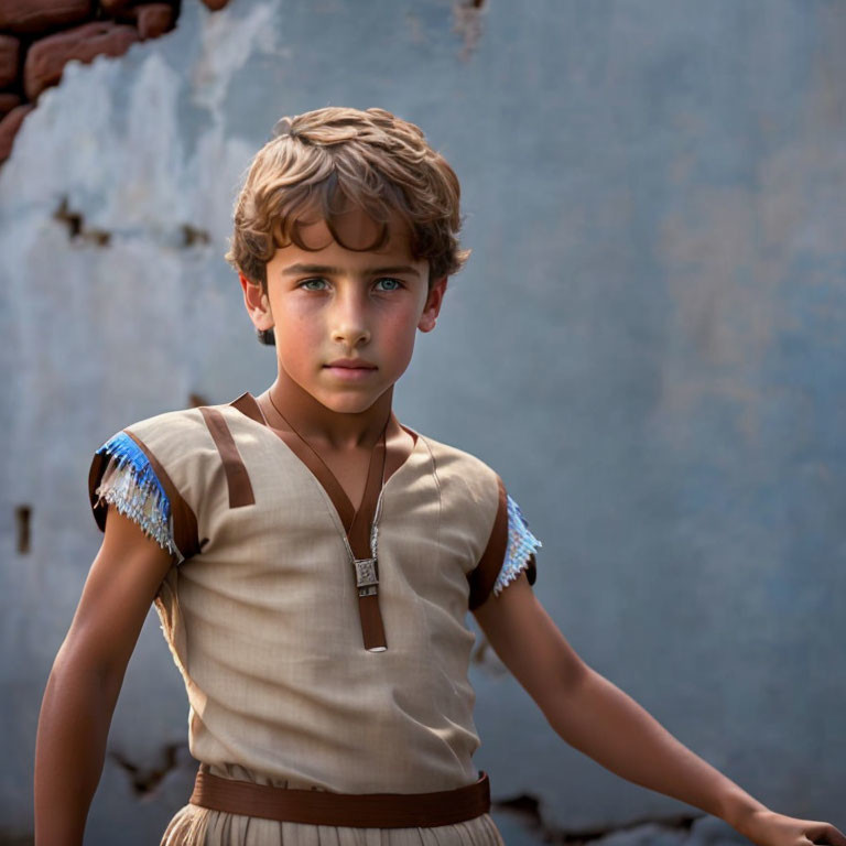 Curly-Haired Boy in Vintage Beige Shirt by Rustic Wall