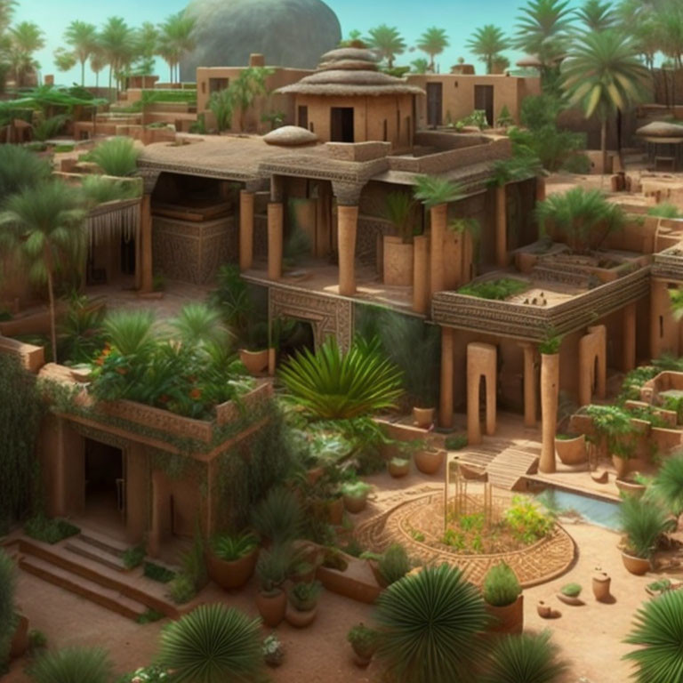 Ancient desert settlement with adobe houses, palm trees, and earthen pots.