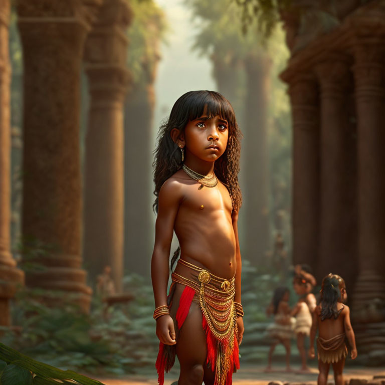 Child in red shorts gazes up in forest with ruins and other kids.