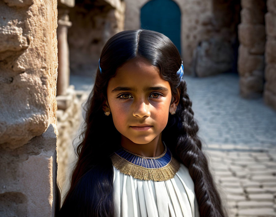 Young girl with dark hair and blue hair clip in historical ruins wearing traditional necklace.