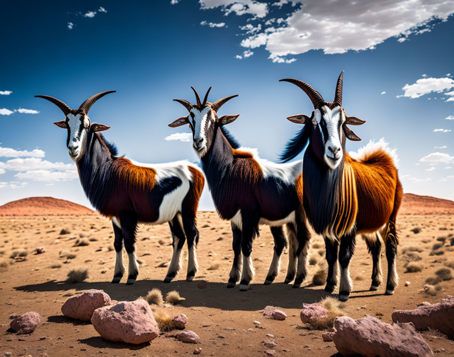 Three billy goats with prominent horns in desert landscape under blue sky.