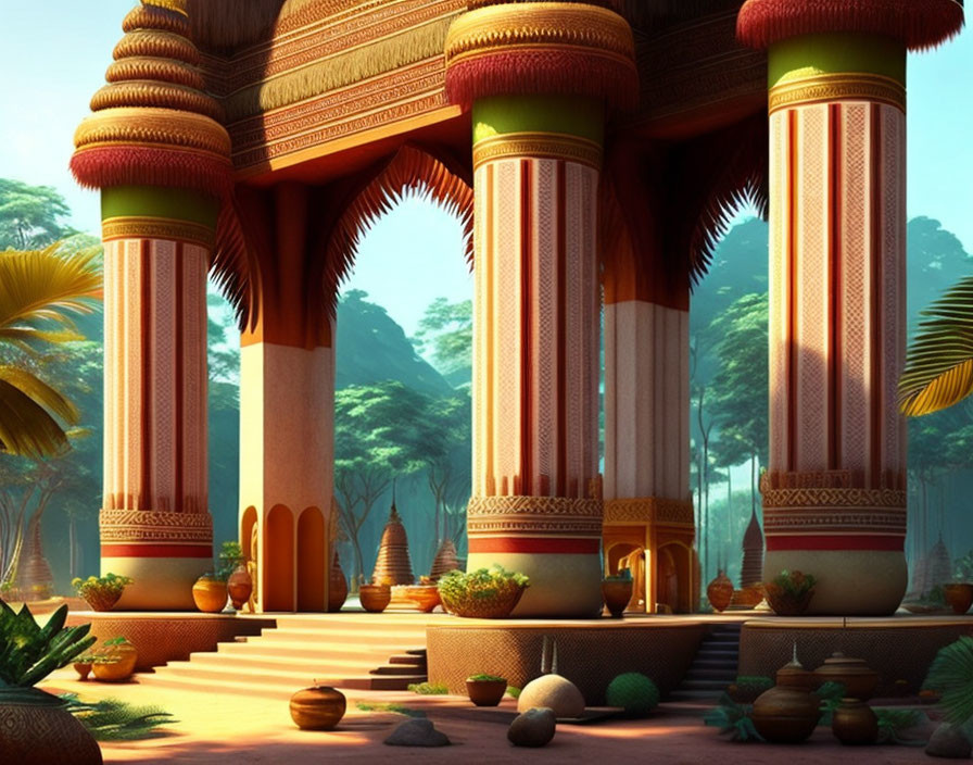 Tropical forest temple with vibrant columns and clay pots