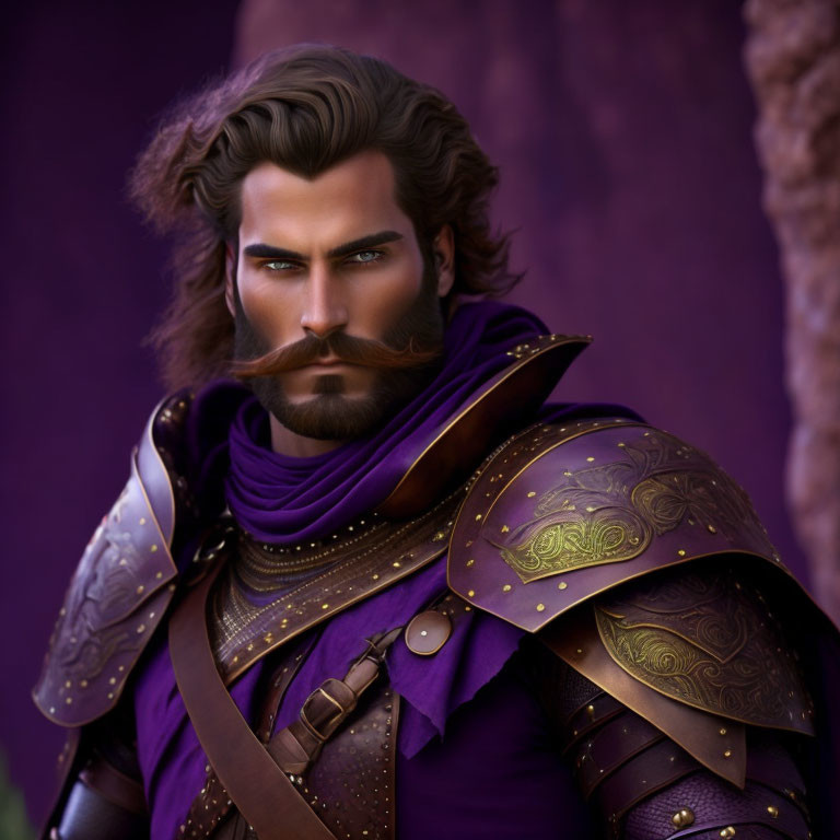 Fantasy knight with beard in purple cloak and detailed armor on purple background