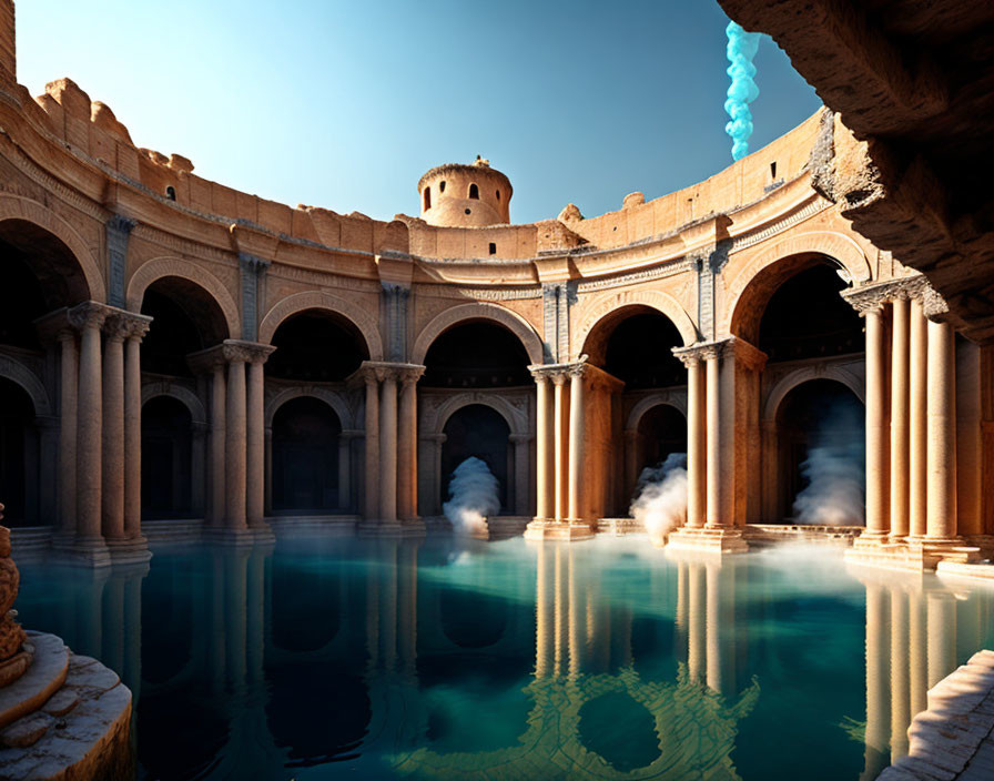 Ancient Roman-style Structure with Columns Surrounding Tranquil Blue Pool