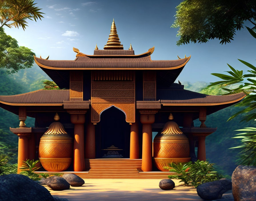 Traditional Asian Wooden Temple Surrounded by Lush Green Forest