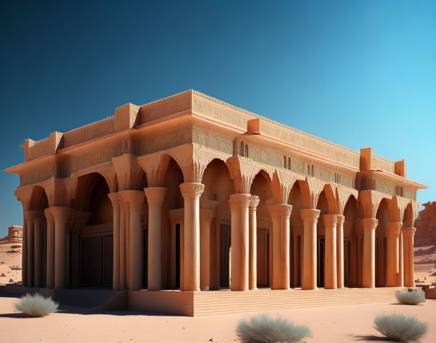 Symmetrical columns of an ancient building under blue sky with sandy terrain