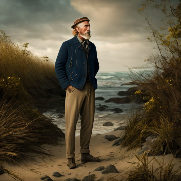 Bearded man in cap, waistcoat, and trousers on beach with ocean and cloudy sky