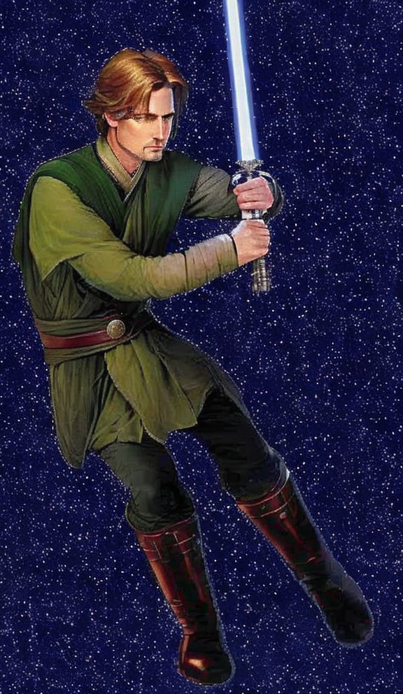 Male character in green tunic with blue lightsaber in starry setting