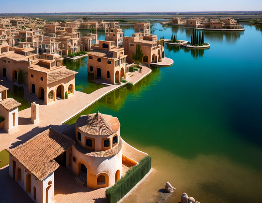 Traditional architecture at luxurious waterfront resort with clear blue canals