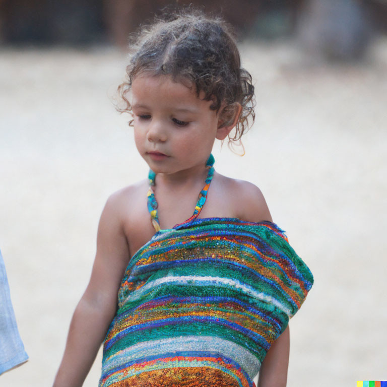 Curly-Haired Child in Colorful Striped Garment Outdoors