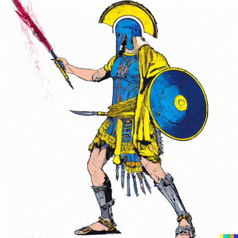 Stylized ancient warrior with blue helmet and sword on white background.