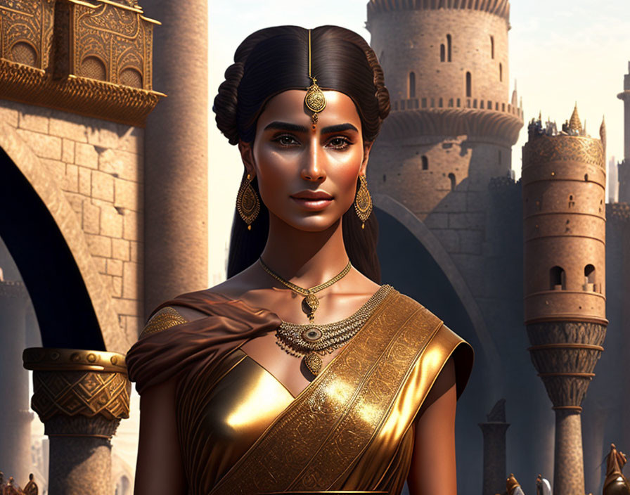 3D rendered image of woman with jewelry at castle