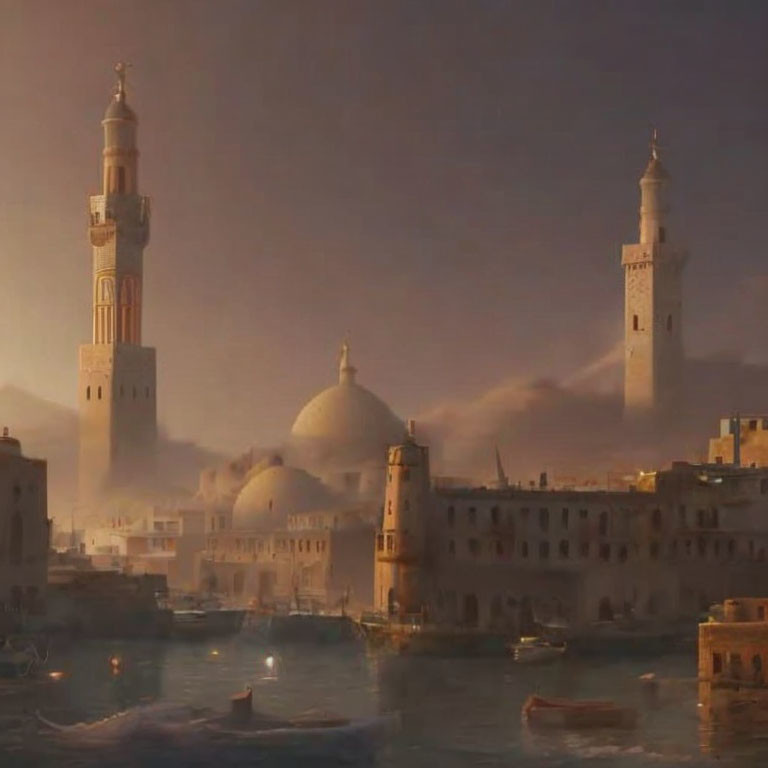 Misty cityscape with domes, minarets, and reflective water