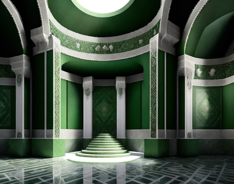 Luxurious interior with green walls, white pillars, dome ceiling, and grand staircase