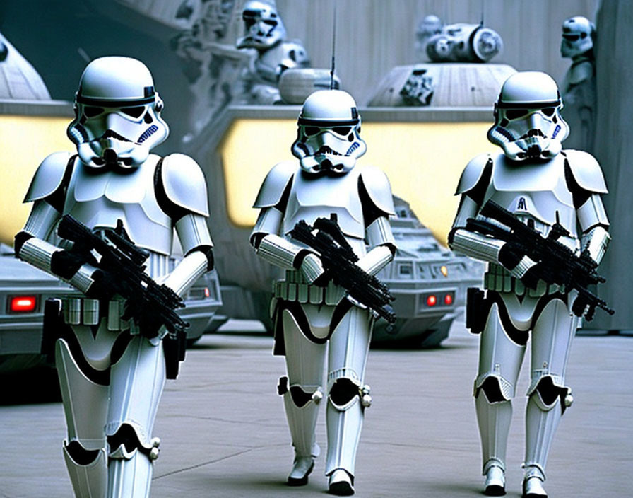 Four stormtroopers in white armor with blasters, marching in spaceship hangar