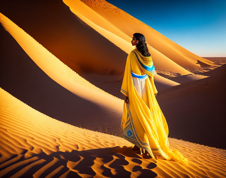 Person in Vibrant Yellow and Blue Garment on Desert Ridge with Sand Dunes and Clear Sky