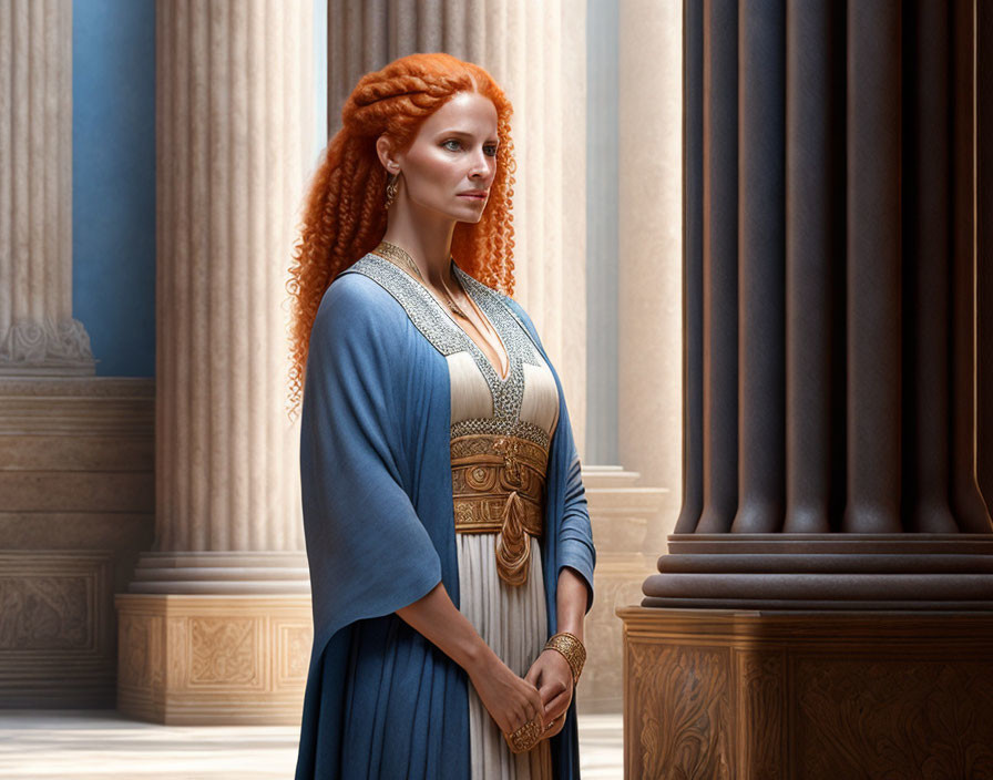 Regal red-haired woman in blue dress and golden accessories