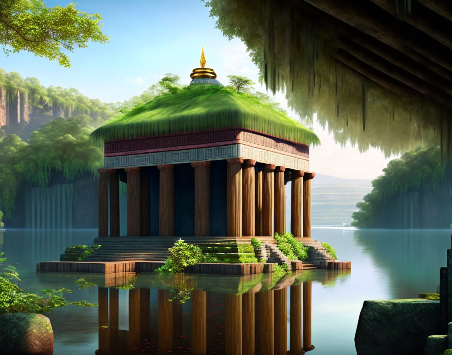 Ancient temple covered in vegetation near tranquil water under stalactite ceiling