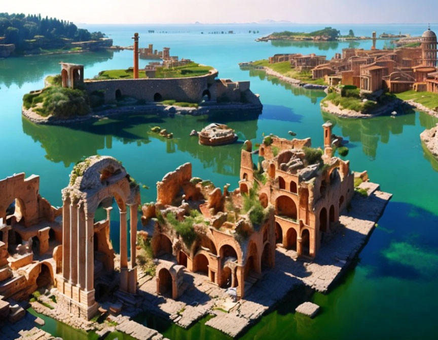 Ancient ruins with arches and columns by tranquil river and greenery