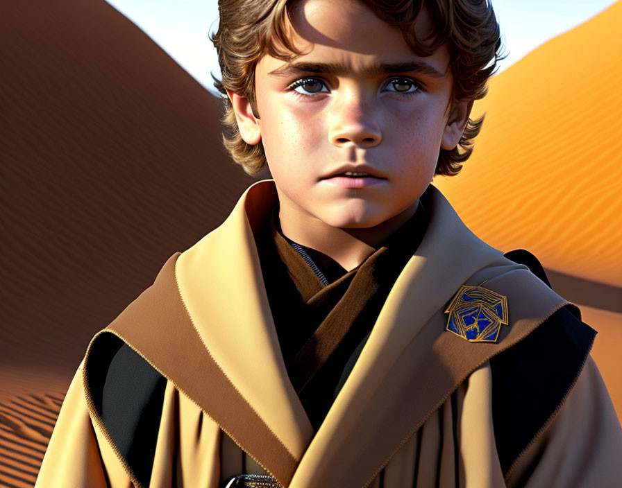 CGI character in brown cloak with golden clasp against desert dune backdrop