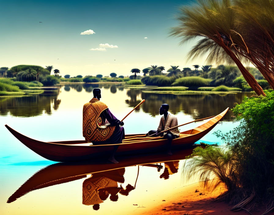 Traditional attire couple in canoe on tranquil river at sunset