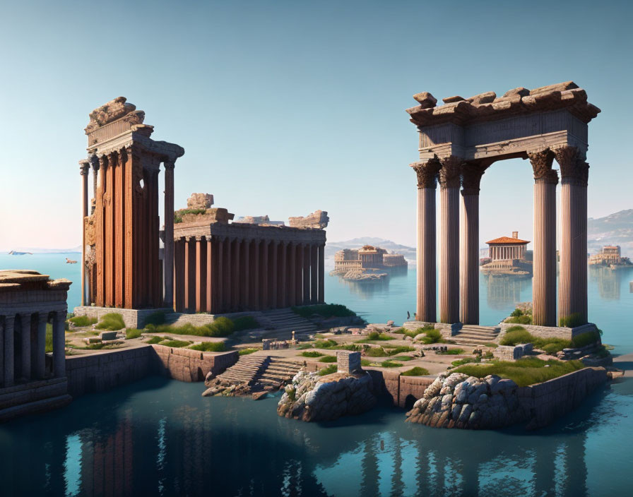 Ancient Greek architectural ruin with majestic columns and temples near a calm sea under a clear sky