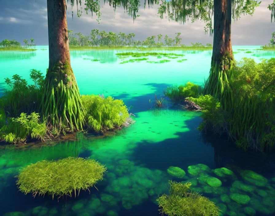 Tranquil Swamp Scene with Green Foliage and Turquoise Waters