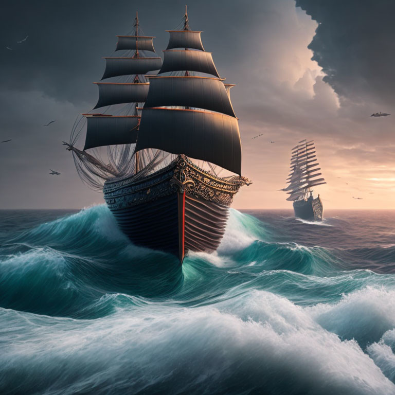 Majestic sailing ships with black sails in tumultuous ocean waves