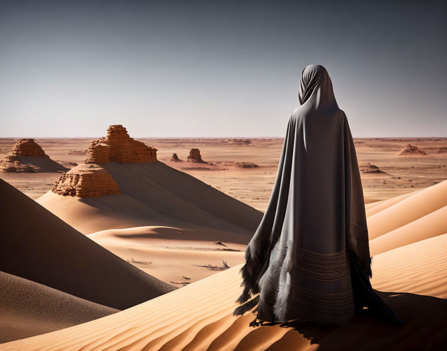 Figure in dark cloak on sand dune gazes at desert rocks under clear sky