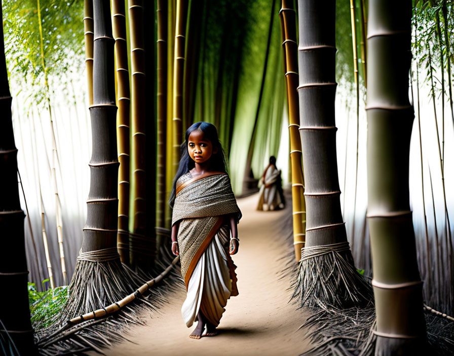 Young girl in traditional sari walking in bamboo grove with soft light.