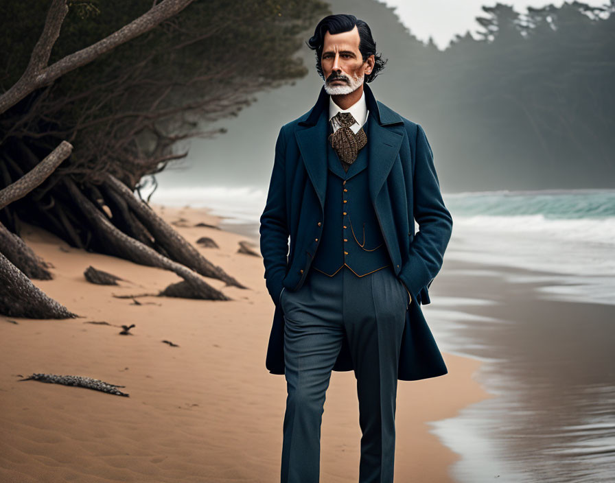 Man in formal blue suit with mustache on foggy beach with twisted trees