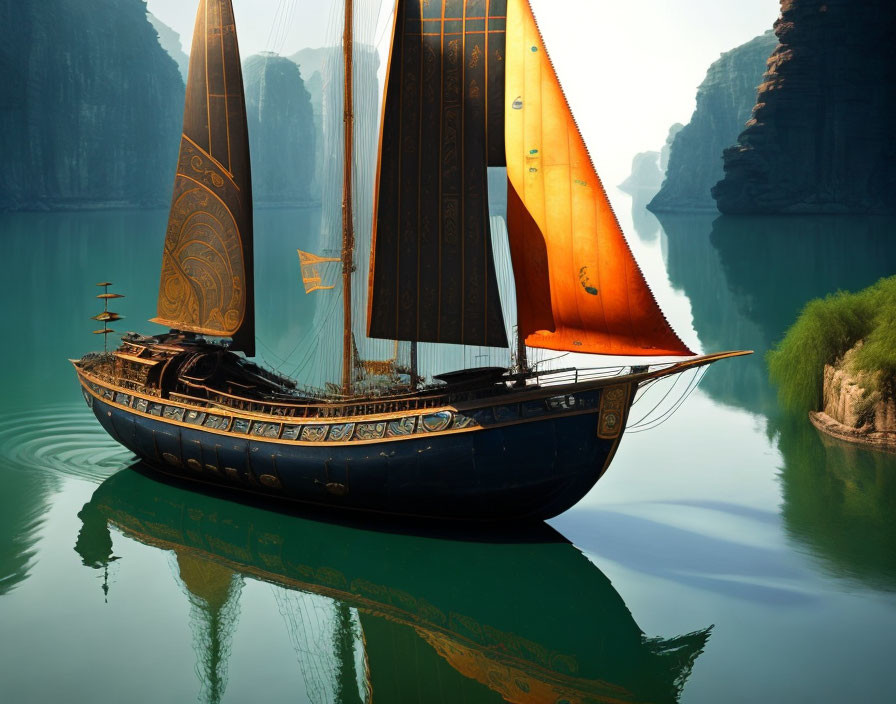 Ornate ship with orange sails on serene waters against green cliffs