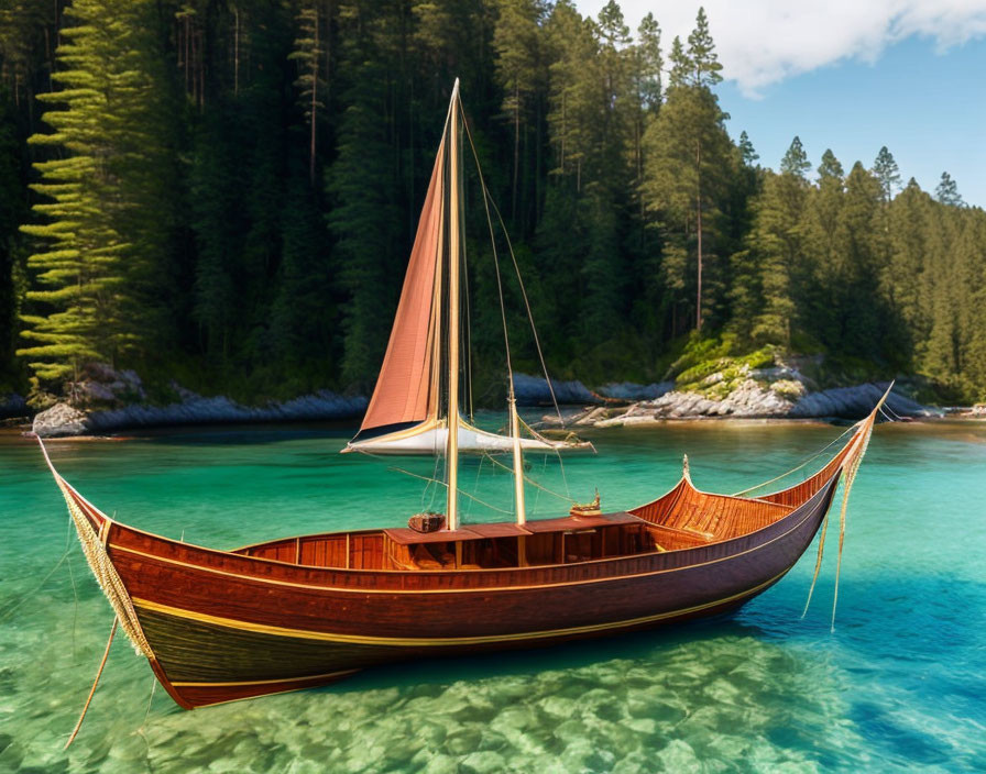 Traditional wooden sailboat with red sails in clear turquoise waters near forested coastline.