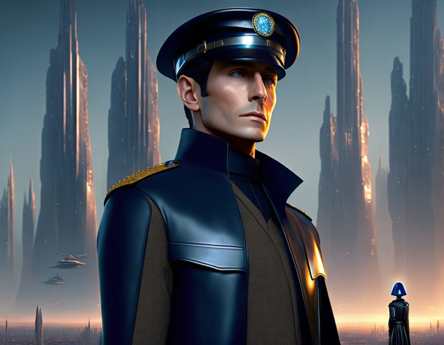 Futuristic digital artwork of a man in military uniform with cityscape background