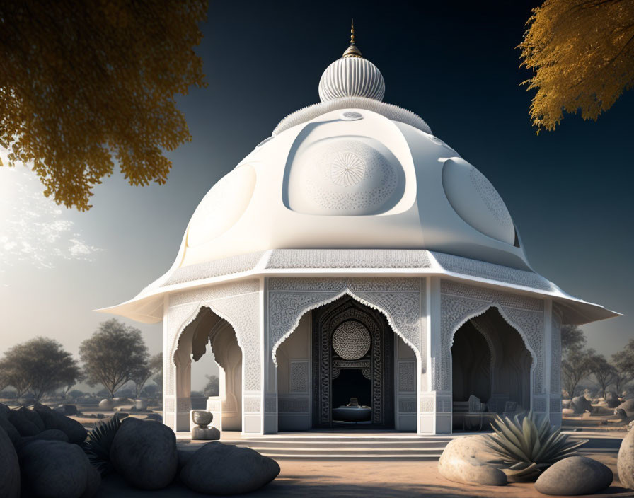 White Marble Pavilion with Arches and Domed Roof in Tranquil Natural Setting