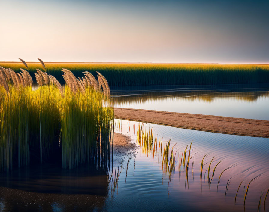 Tranquil scene: tall reeds by calm water at dawn or dusk, gradient sky in blue