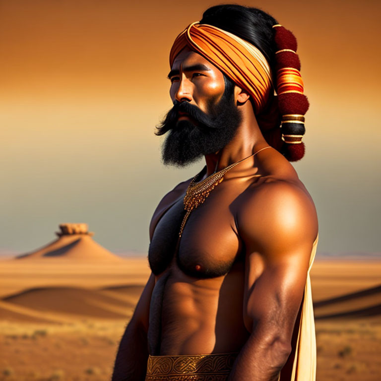 Muscular Man in Turban and Traditional Jewelry in Desert Setting