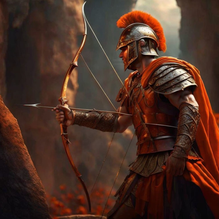 Warrior in Red and Bronze Armor with Drawn Bow on Rocky Terrain