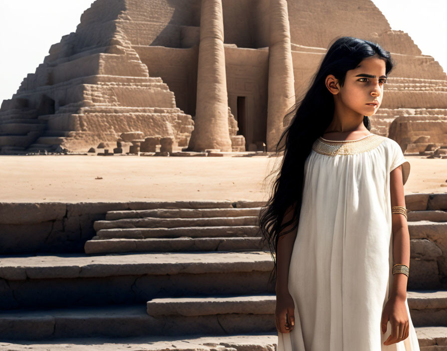 Young girl in white dress with necklace and bracelet in desert with ancient pyramid structures