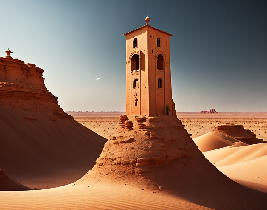 Desert tower on sandstone formation under crescent moon