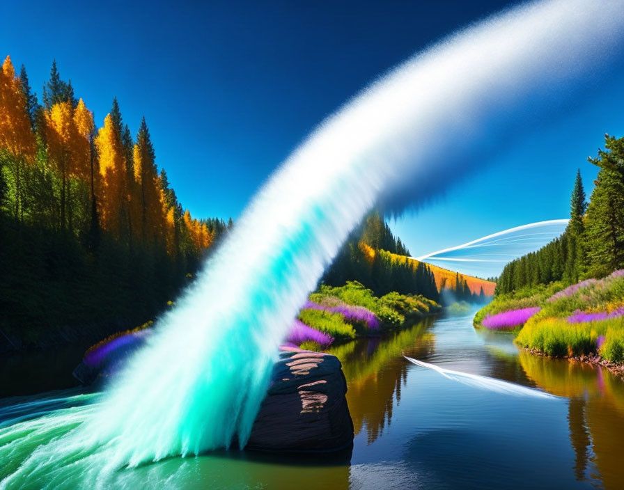 Vibrant surreal landscape with glowing brushstroke over river