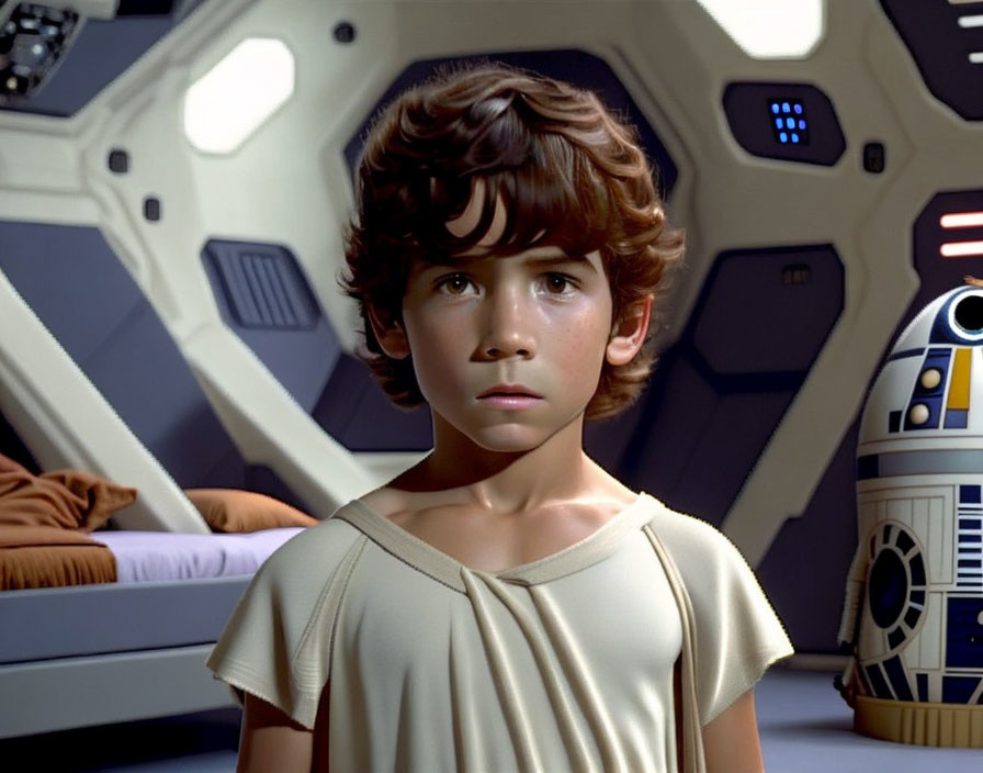 Young boy in beige outfit inside futuristic spacecraft with R2-D2.